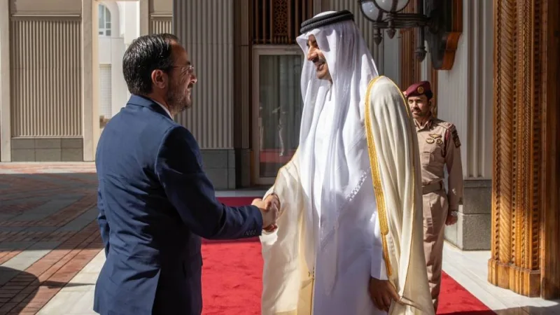 His Highness the Amir Sheikh Tamim bin Hamad Al-Thani receives the President of the Republic of Cyprus Nikos Christodoulides.