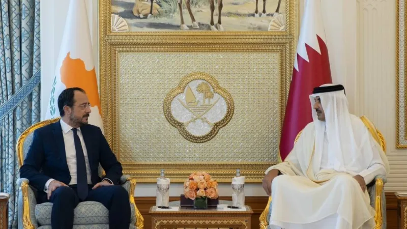 His Highness the Amir Sheikh Tamim bin Hamad Al-Thani and the President of the Republic of Cyprus Nikos Christodoulides hold a session of official talks at the Amiri Diwan.