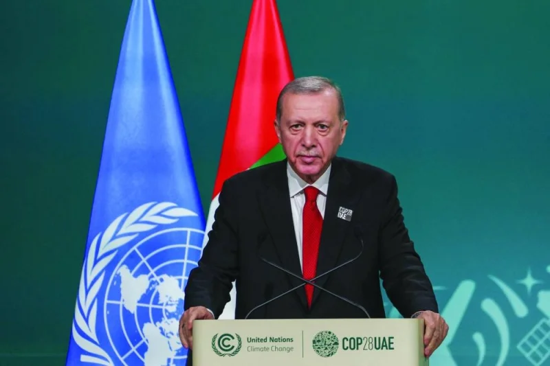 Turkiye’s President Recep Tayyip Erdogan speak at the UN climate summit in Dubai, yesterday.