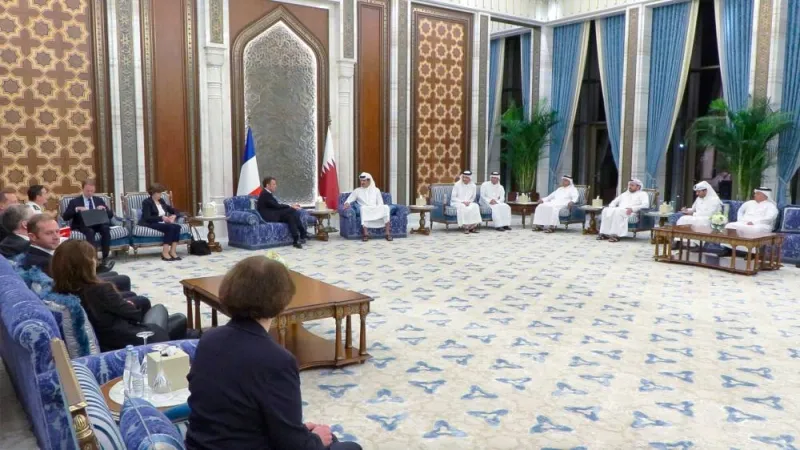 His Highness the Amir Sheikh Tamim bin Hamad al-Thani and President of the friendly French Republic Emmanuel Macron hold a session of official talks at Lusail Palace.