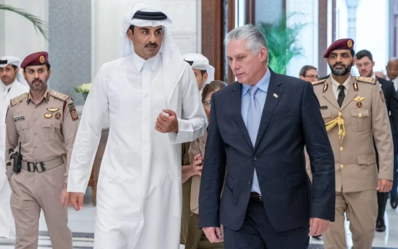 His Highness the Amir Sheikh Tamim bin Hamad Al-Thani and the President of the Republic of Cuba Miguel Diaz-Canel Bermudez at Lusail Palace during an official reception ceremony.