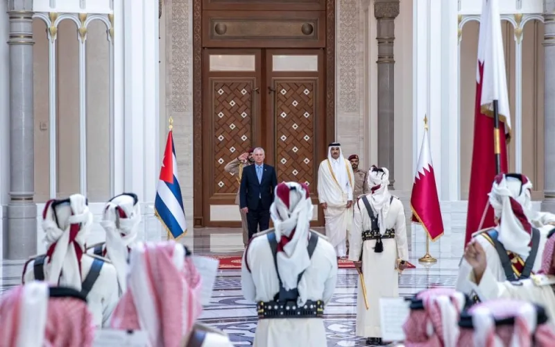 His Highness the Amir Sheikh Tamim bin Hamad Al-Thani and the President of the Republic of Cuba Miguel Diaz-Canel Bermudez during an official ceremony accorded to the Cuban president. 