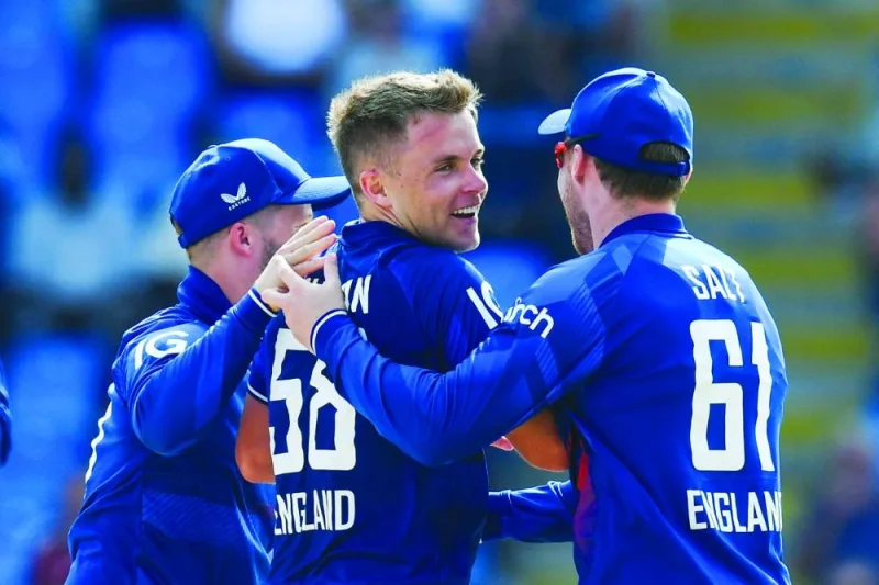 
Sam Curran (centre) of England celebrates the dismissal of Shimron Hetmyer of West Indies during the 2nd ODI at Sir Vivian Richards Cricket Stadium in North Sound, Antigua and Barbuda, on Wednesday. (AFP) 