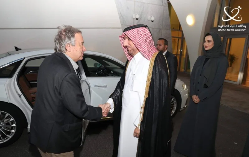 HE the Director of Protocol Department in the Ministry of Foreign Affairs Ibrahim Yousif Fakhroo receives the Secretary-General of the United Nations Antonio Guterres at Hamad International Airport .