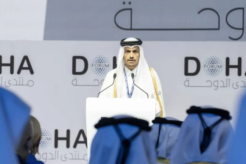 HE the Prime Minister and Minister of Foreign Affairs Sheikh Mohamed bin Abdulrahman bin Jassim al-Thani addressing the opening ceremony of the 21st edition of the Doha Forum.
