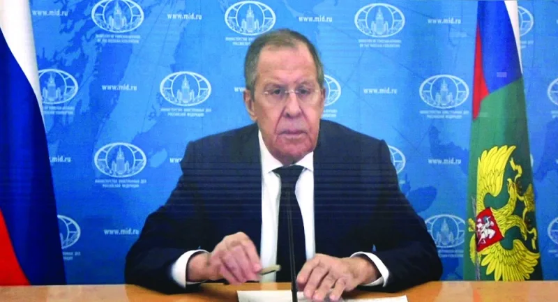 Russian Foreign Minister Sergey Lavrov speaks at the Doha Forum via a video link Sunday. PICTURE: Shaji Kayakulam