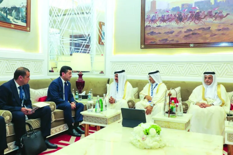 Qatar Chamber chairman Sheikh Khalifa bin Jassim al-Thani and board members Mohamed Mehdi al-Ahbabi and Mohamed bin Ahmed al-Obaidli during a meeting with Uzbekistan’s Minister of Foreign Affairs Bakhtiyor Saidov on the sidelines of the Doha Forum.
