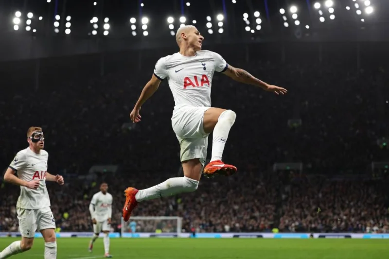 
Tottenham Hotspur’s Brazilian striker Richarlison celebrates after scoring their second goal against Newcastle United at Tottenham Hotspur Stadium in London yesterday. (AFP) 