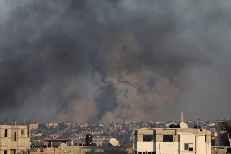 Smoke rises after Israeli strikes, in Khan Younis in the southern Gaza Strip, on Monday. REUTERS
