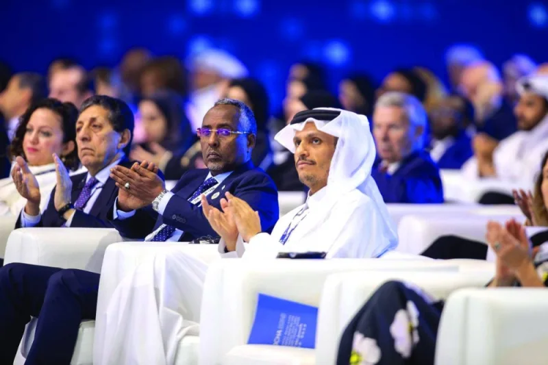 HE the Prime Minister and Minister of Foreign Affairs Sheikh Mohamed bin Abdulrahman bin Jassim al-Thani witnesses the launch of the Global Humanitarian Overview 2024 event.