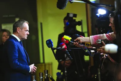 
Prime Minister of Poland Donald Tusk speaks to the press as he arrives to attend the EU-Western Balkans summit at the European headquarters in Brussels on Wednesday. (AFP) 