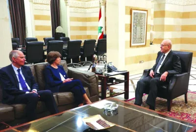 French Foreign Minister Catherine Colonna meets with Lebanon’s caretaker Prime Minister Najib Mikati in Beirut, on Monday.