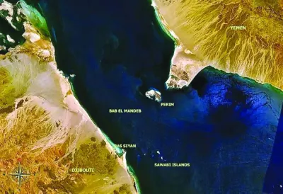 Nasa satellite image of the portion of the Bab El-Mandeb Strait passing between Djibouti and Yemen.