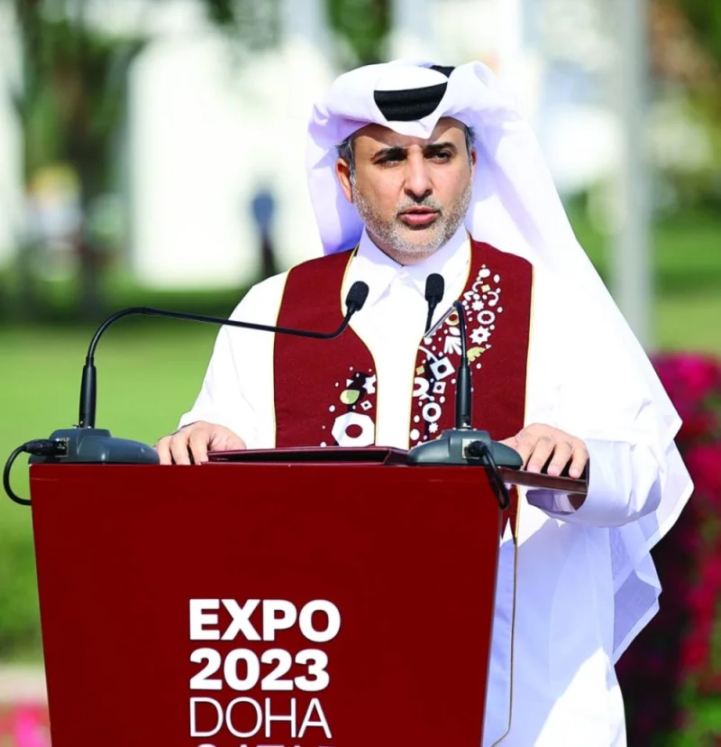 HE the Minister of Municipality and Chairman of the Organizing Committee of Horticultural Expo Doha 2023 Dr Abdullah bin Abdulaziz bin Turki al-Subaie speaking at the event held to mark National Day.