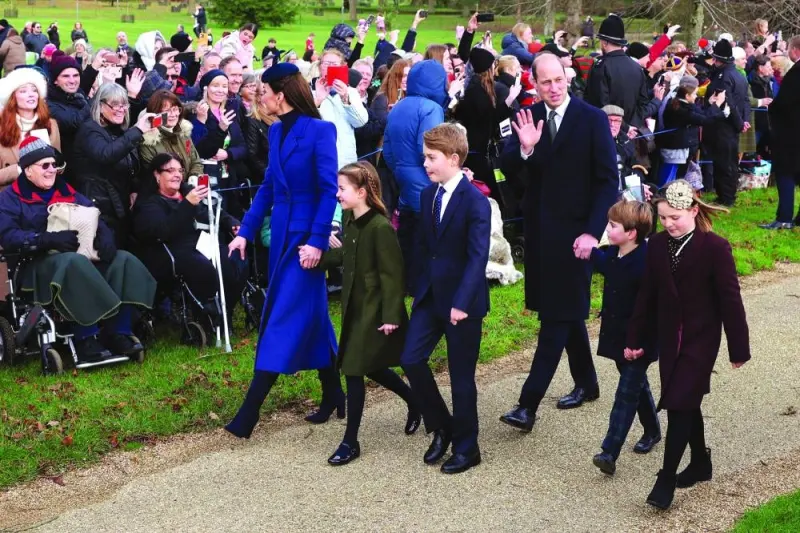 
Britain’s Catherine, Princess of Wales, Britain’s Princess Charlotte of Wales, Prince George, Prince William, Prince Louis and Mia Tindall arrive for the Royal Family’s traditional Christmas Day service at St Mary Magdalene Church on the Sandringham Estate in eastern England yesterday. 