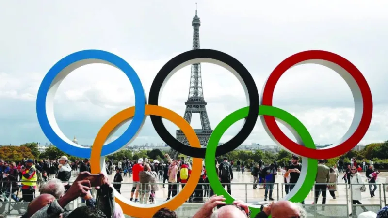 
Olympic rings are seen in front of the Eiffel Tower ahead of next year’s Paris Games. 