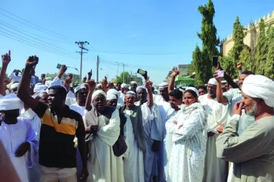 Sudanese chant slogans in support of the Army in Gadaref city in war-torn Sudan, yesterday.
