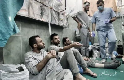 A group of Palestinian prisoners who were brought to Abu Youssef Al-Najjar Hospital in Rafah in south of Gaza as a result of the torture inflicted upon them during detention by Israeli forces in inhumane conditions. Picture: Middle East Monitor