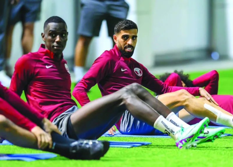 
Qatar’s Almoez Ali and Hasan al-Haydos at a training session at the Aspire Academy, on the eve of their friendly against Cambodia. 