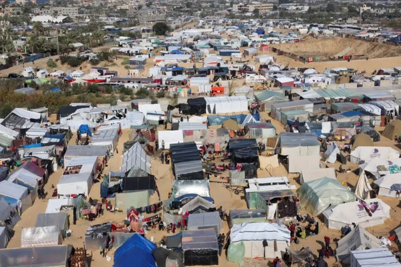 General view of a tent camp sheltering displaced Palestinians, who fled their homes due to Israeli strikes, in Rafah, southern Gaza Strip, on Wednesday. REUTERS