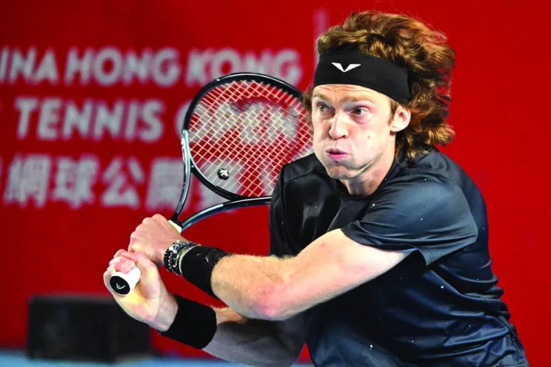 Russia’s Andrey Rublev hits a return to Britain’s Liam Broady during their Hong Kong Open match on Thursday. (AFP)