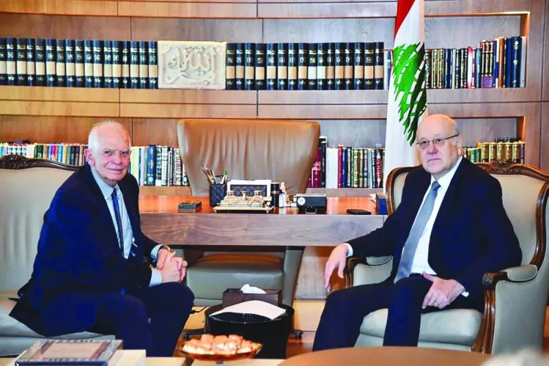 
This handout picture provided by the Lebanese Prime Minister’s press office shows Lebanon Prime Minister Najib Mikati receiving Josep 
Borrell, High Representative of the European Union for Foreign Affairs and Security Policy, in Beirut, yesterday. 