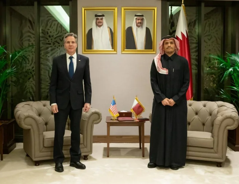 HE the Prime Minister and Minister of Foreign Affairs Sheikh Mohamed bin Abdulrahman bin Jassim al-Thani with US Secretary of State  Antony Blinken, in Doha Sunday.