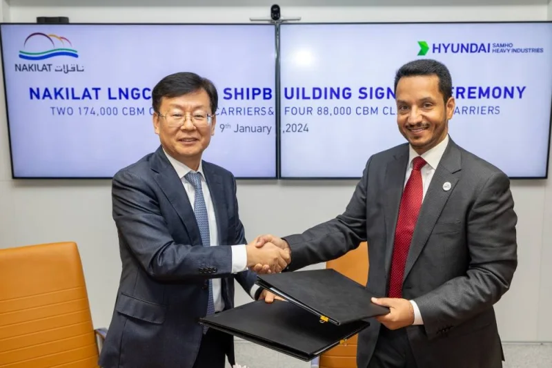Nakilat chief executive officer Abdullah al-Sulaiti and S Y Park, president and chief operating officer of HD Hyundai Heavy Industries, shake hands after placing orders for six gas vessels.