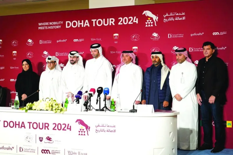 Chairman of Doha Tour’s Supreme Organising Committee Sheikh Ahmad bin Nooh al-Thani (fourth left) with other officials and representatives of sponsors after the press conference on Tuesday.