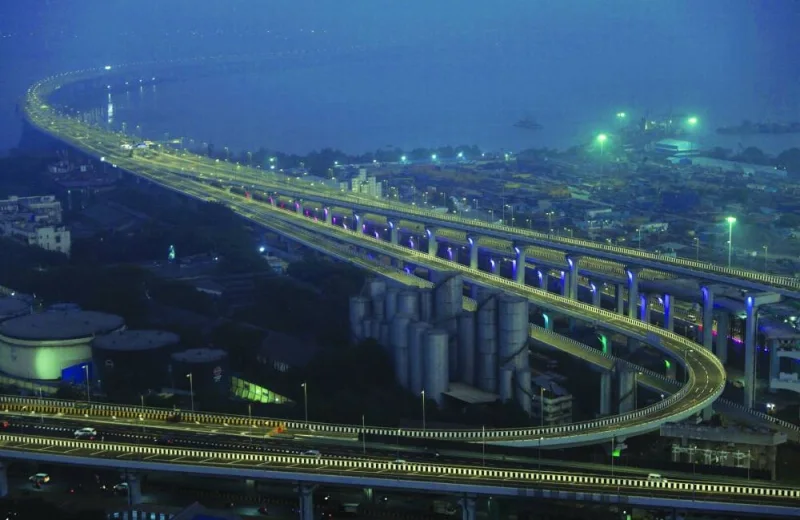 The Mumbai Trans Harbour Link (MTHL), is lit up ahead of its inauguration in Mumbai, India.