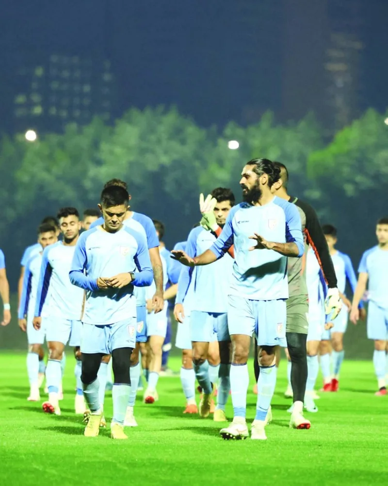 India’s captain Sunil Chhetri (left) and defender Sandesh Jhingan during a training session in Doha yesterday, ahead of their AFC Asian Cup opener against Australia.