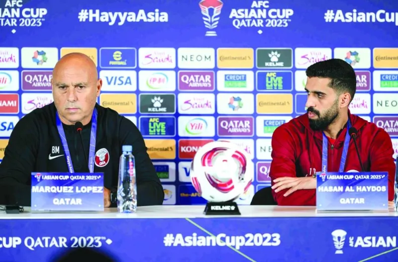 
Qatar coach Marquez Lopez (left) and captain Hassan al-Haydos at a press conference yesterday, ahead of Asian Cup opener. PICTURES: Noushad Thekkayil 