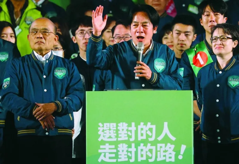 Lai Ching-te, Taiwan's vice-president and the ruling Democratic Progressive Party's (DPP) presidential candidate gestures during a campaign rally ahead of the elections in New Taipei City.