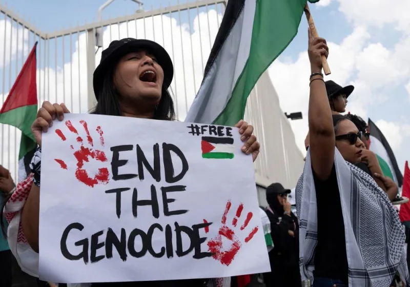 Pro-Palestinian protesters gather at the US Consulate General to protest against the ongoing Israeli military actions in Gaza, in Johannesburg, South Africa, on Saturday. REUTERS