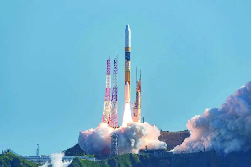 
A H-IIA rocket carrying a small lunar surface probe and other objects lifting off from the Tanegashima Space Centre on Tanegashima island, Kagoshima prefecture. 