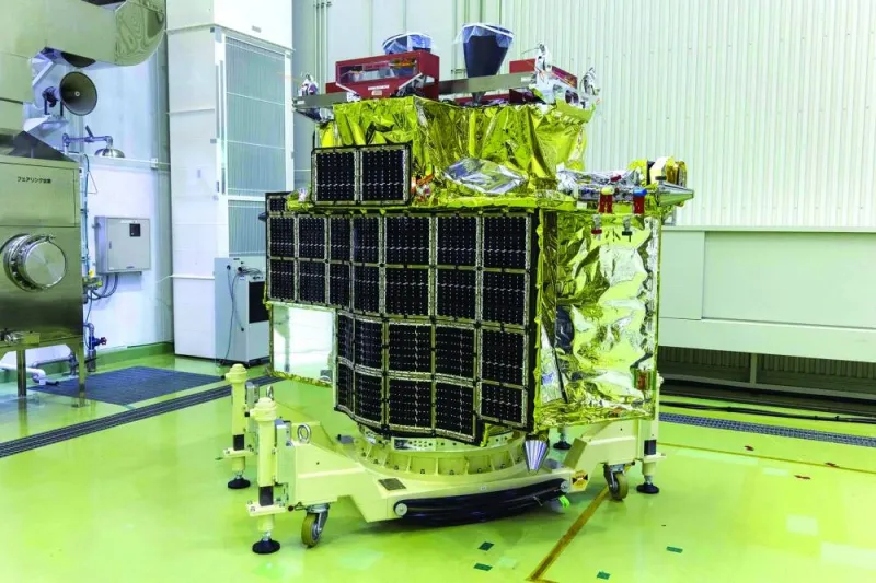 
A Japan Aerospace Exploration Agency (JAXA) photo shows the “Smart Lander for Investigating Moon” (SLIM) at the satellite fairing assembly building at the Tanegashima Space Center, Kagoshima prefecture. 