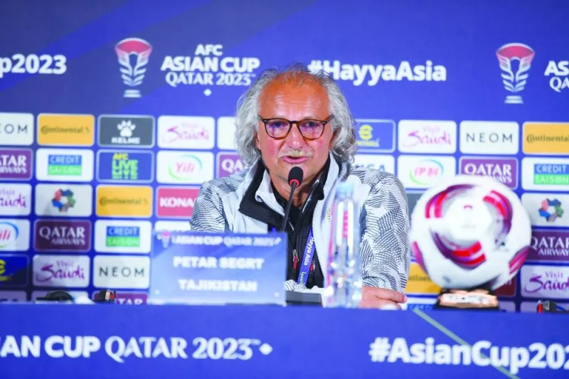 Tajikistan head coach Petar Segrt addresses a news conference in Doha yesterday. Tajikistan take on Lebanon in a Group A clash of the AFC Asian Cup 2023 today.