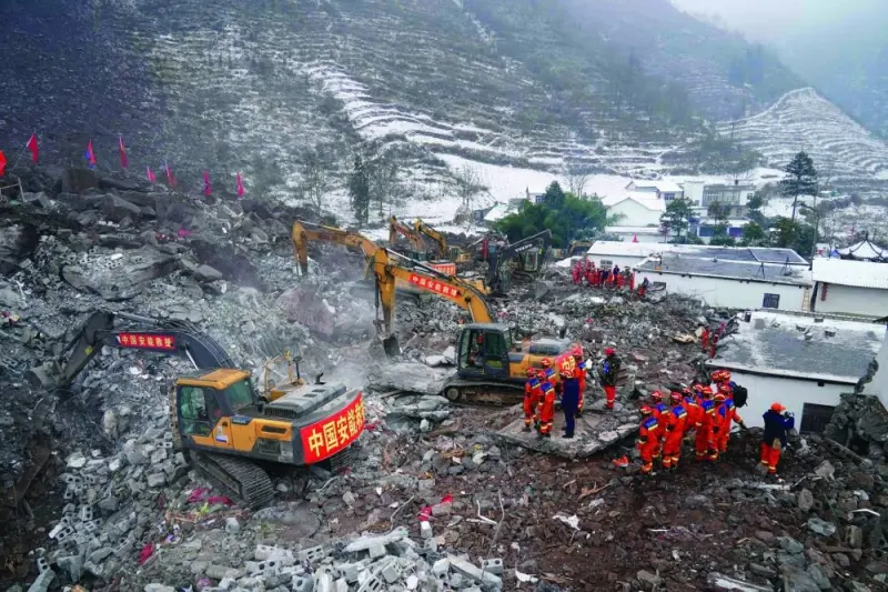 
Rescue workers search for missing victims at a landslide site, a day after a landslide hits Liangshui village in Zhaotong, in Yunnan province. 