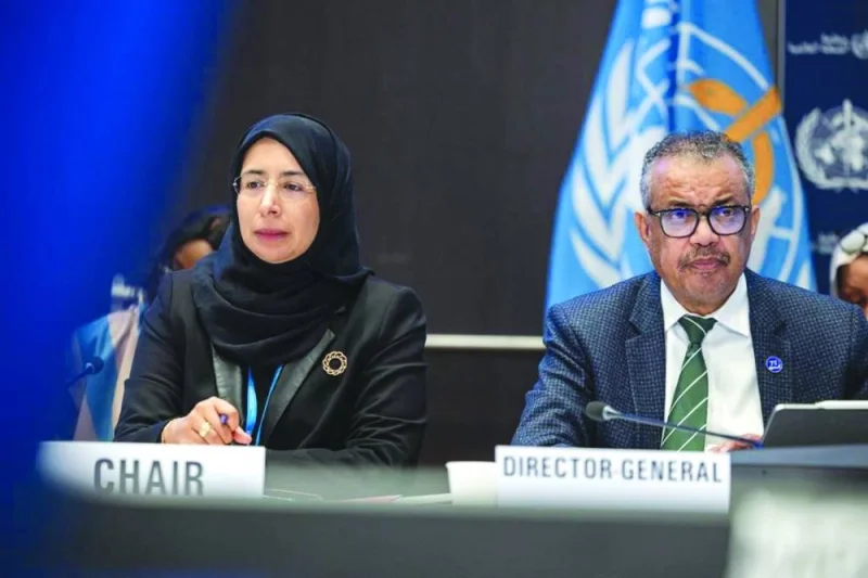 HE the Minister of Public Health and Chairperson of WHO Executive Board Dr Hanan Mohamed al-Kuwari participating in a session with WHO Director-General Dr Tedros Adhanom Ghebreyesus.