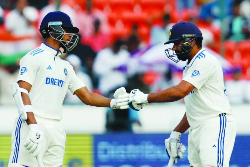 India’s Yashasvi Jaiswal (left) and Rohit Sharma during the first Test against England at Rajiv Gandhi International Cricket Stadium, Hyderabad, India, on Thursday. (Reuters)