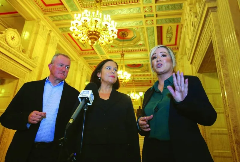 
Northern Ireland Deputy First Minister and Irish republican Sinn Fein party Northern Leader Michelle O’Neill (right), flanked by Sinn Fein Leader Mary Lou McDonald (centre) speaks during a press conference at the Parliament buildings, in Stormont. 