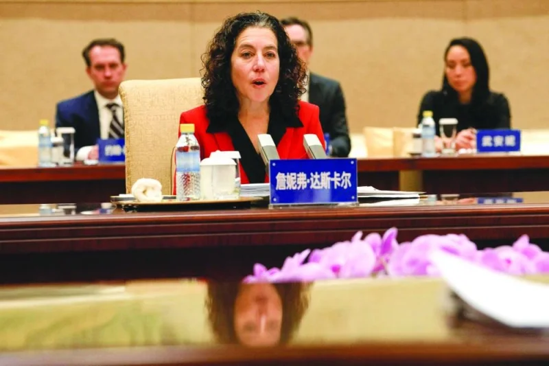 
US Deputy Assistant to the President and Deputy Homeland Security Advisor Jen Daskal (C) speaks during a meeting with Chinese Minister of Public Security Wang Xiaohong at the Diaoyutai State Guesthouse in Beijing. 