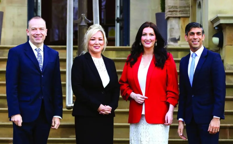 (From L) Britain’s Northern Ireland Secretary Chris Heaton-Harris; newly appointed Northern Ireland’s First Minster, Sinn Fein’s Michelle O’Neill; newly appointed Northern Ireland’s deputy First Minster, Democratic Unionist Party’s Emma Little Pengelly; and Britain’s Prime Minister Rishi Sunak pose at Stormont Castle in Stormont yesterday. (AFP)