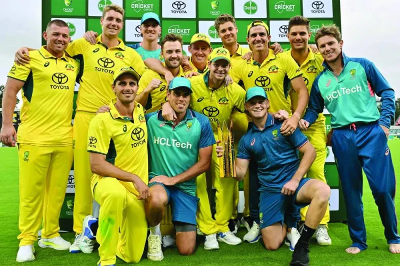 Australian players celebrate their 3-0 victory in the series after defeating West Indies in the third ODI at the Manuka Oval in Canberra on Tuesday. (AFP)