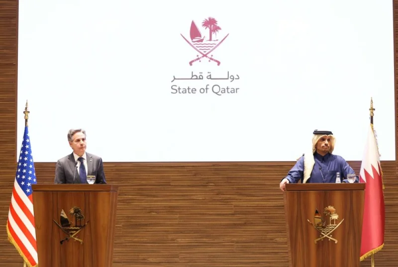 HE Prime Minister and Minister of Foreign Affairs Sheikh Mohammed bin Abdulrahman bin Jassim Al-Thani holds a joint press conference with the United States Secretary of State Antony Blinken Tuesday.