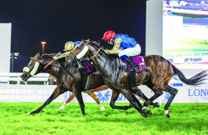 Soufiane Saadi guides Balzac to victory ahead of Equinoxe, ridden by Mickael Barzalona, in the Rayyan Breeders Cup during the HH The Amir Sword Festival at the Qatar Racing and Equestrian Club’s Al Rayyan Park on Friday. PICTURES: Juhaim