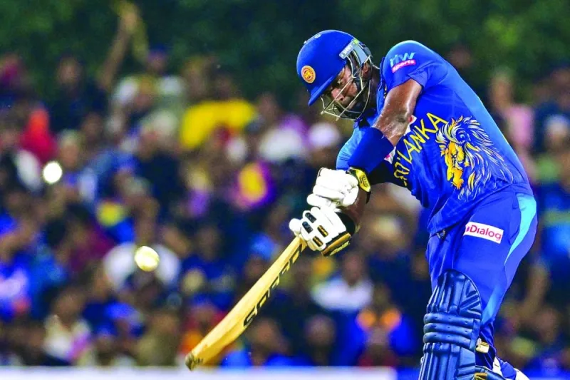 Sri Lanka’s batsman Angelo Mathews plays a shot during the second T20I against Afghanistan in Dambulla on Monday. (AFP)