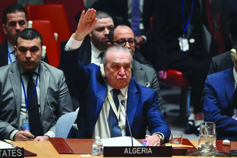 Algerian Ambassador to the UN Amar Bendjama votes during the UN Security Council meeting on the Israel-Hamas war, Tuesday.
