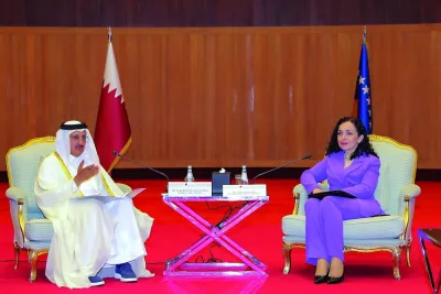 Kosovo’s President, Dr Vjosa Osmani, is received by Qatar Chamber Chairman Sheikh Khalifa bin Jassim al-Thani during a meeting in Doha.