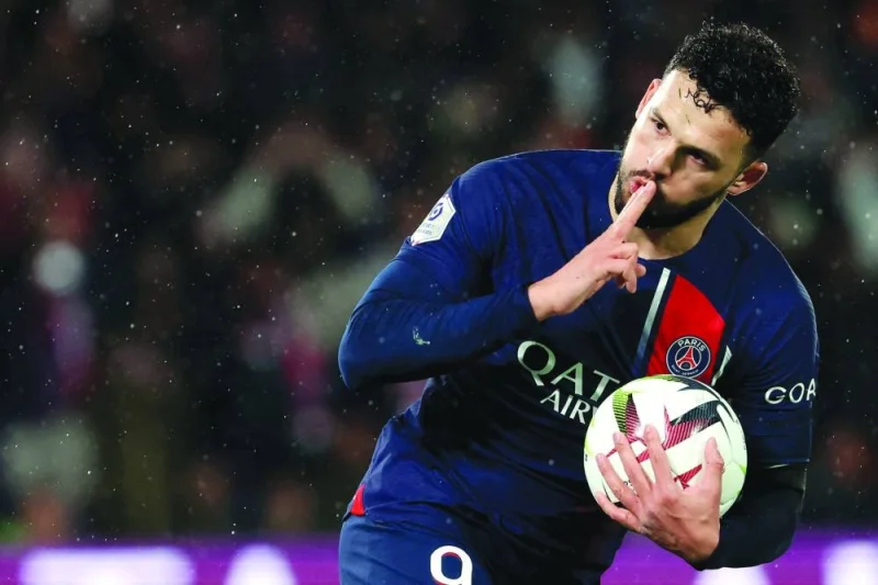 PSG’s Goncalo Ramos celebrates after scoring a goal during the Ligue 1 match against Rennes in Paris on Sunday. (AFP)